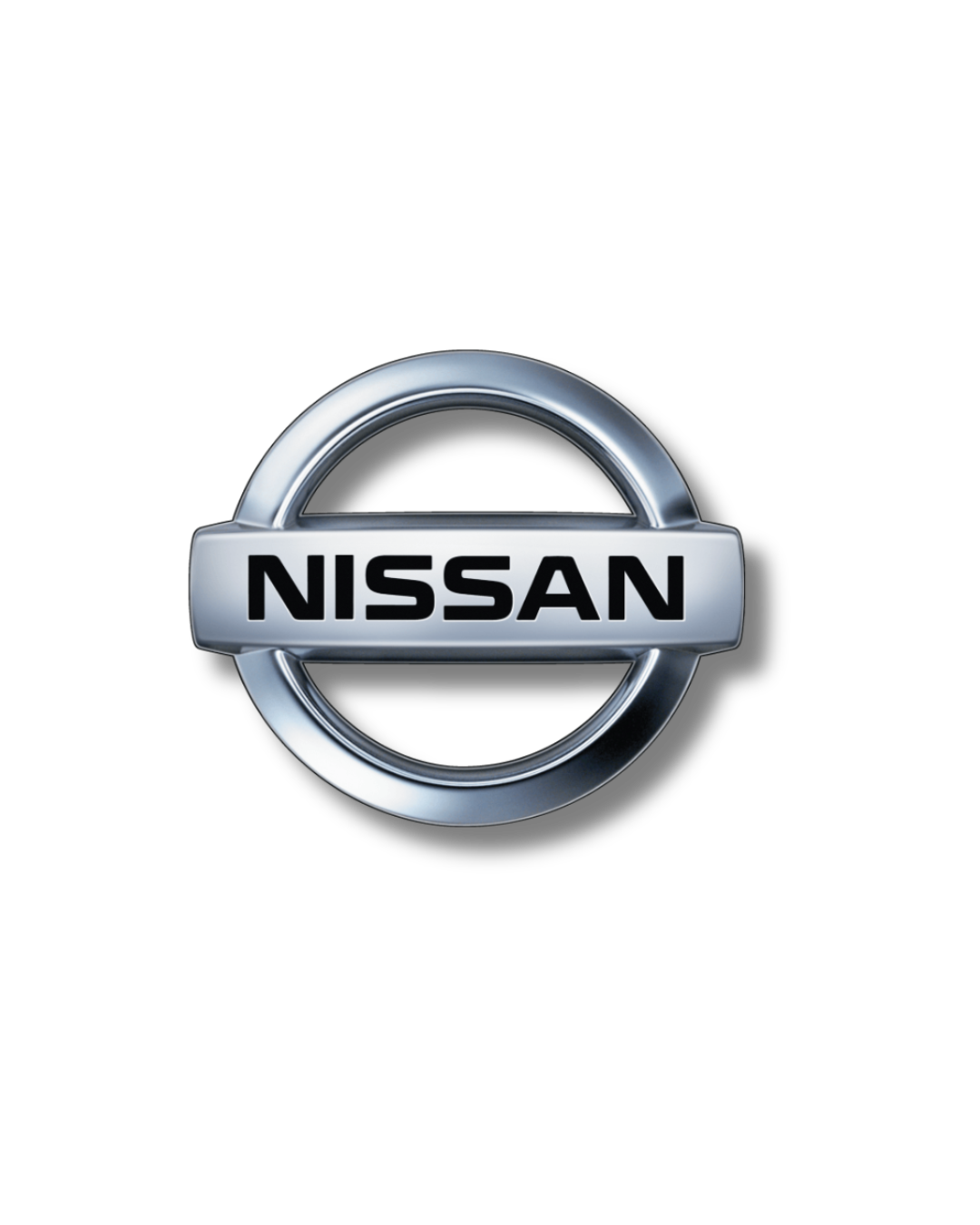 Silver Nissan logo emblem with black letters on a black background