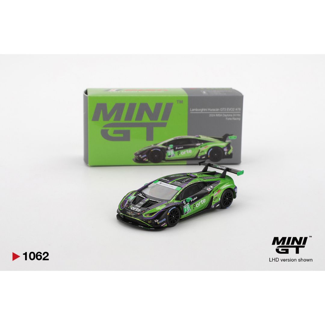 Mini GT Lamborghini Huracán GT3 EVO2 #78 Forte Racing 2024 IMSA Dayton