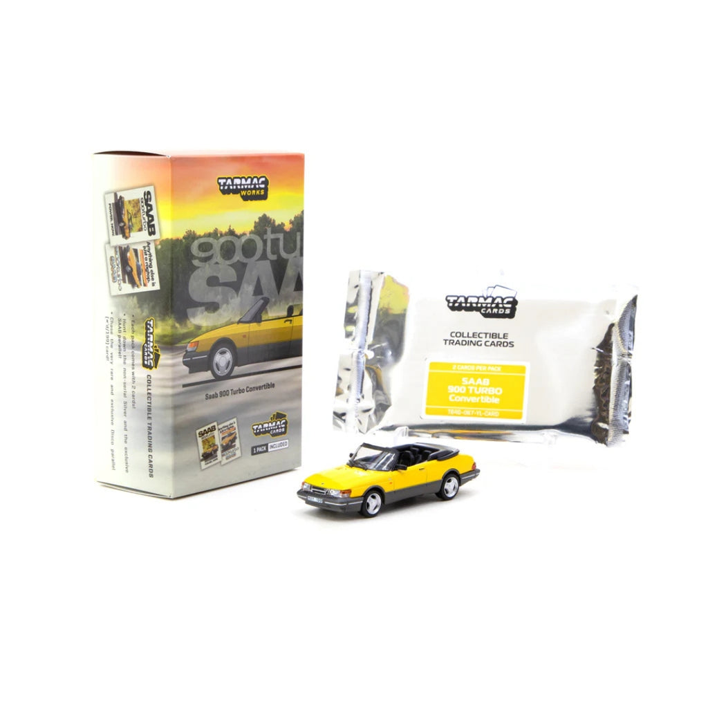 *EN CAMINO* Tarmac Works Saab 900 Turbo Convertible Yellow con Tarmac Cards Combo set