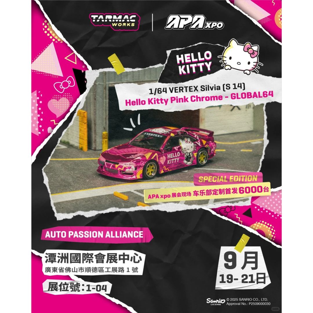 *PRE-ORDER* Tarmac Works Vertex Silvia S14 Hello Kitty Pink Chrome | 2025 Auto Passion Alliance (APA)