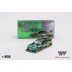 Mini GT S15 en escala con detalles verdes y dorados de Miskha Garage junto a su caja